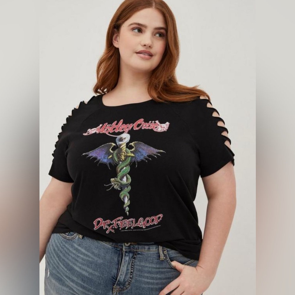 torrid Black Short Sleeve Graphic Tee with Slashed Shoulders